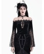 Dark in Love Black Gothic Off-Shoulder Cross Lace Bell Sleeve Top for Women
