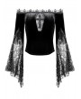 Dark in Love Black Gothic Off-Shoulder Cross Lace Bell Sleeve Top for Women