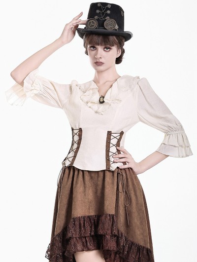 Dark in Love Steampunk Brocade Ruffled V-Neck Corset Lacing Top for Women