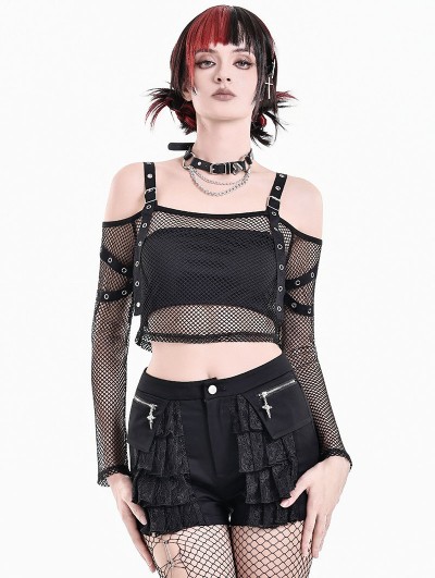 Dark in Love Black Gothic Punk Fishnet Off-Shoulder Crop Top for Women