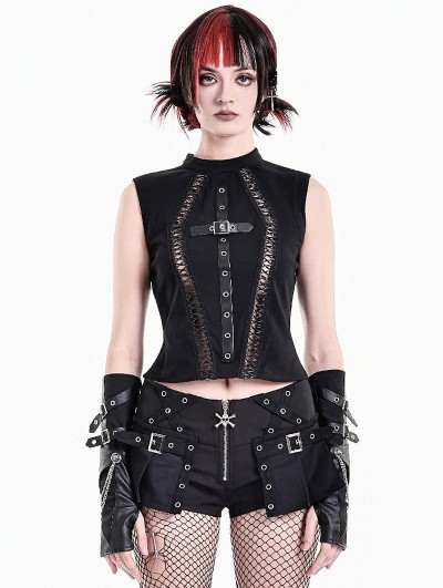 Dark in Love Black Gothic Punk Cutout Buckle Sleeveless Top for Women