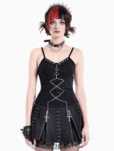 Dark in Love Black Gothic Punk Metal Chain Rivet Cami Top for Women