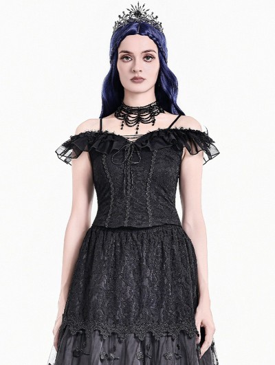 Dark in Love Black Gothic Romantic Layered Ruffles Lace Top for Women
