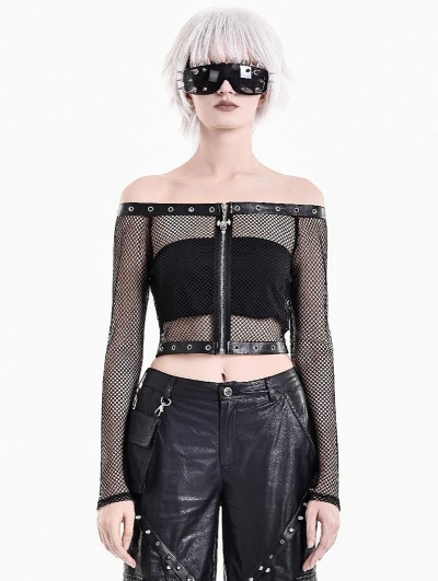 Dark in Love Black Gothic Punk Off-Shoulder Grommet Fishnet Top for Women
