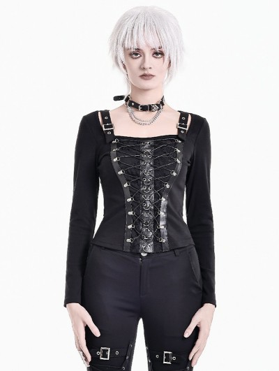 Dark in Love Black Gothic Punk Buckled Strap Square Neck Top for Women