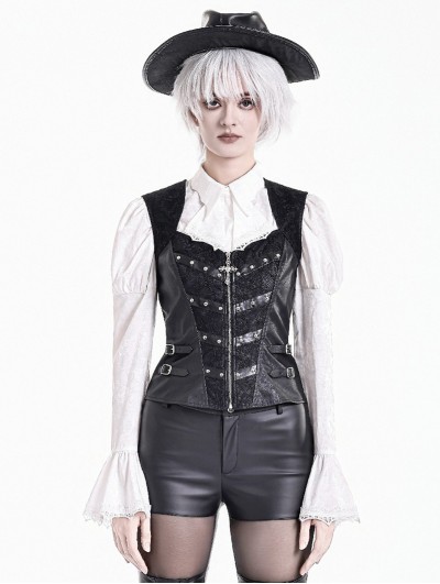 Dark in Love Black Gothic Punk Lace Leather Patchwork Corset Top for Women