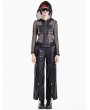 Dark in Love Black Gothic Mesh Riveted Leather Panel Hoodie Top for Women