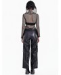 Dark in Love Black Gothic Mesh Riveted Leather Panel Hoodie Top for Women