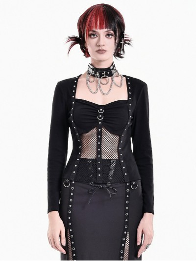 Dark in Love Black Gothic Cyber Punk Riveted Mesh Panel Top for Women