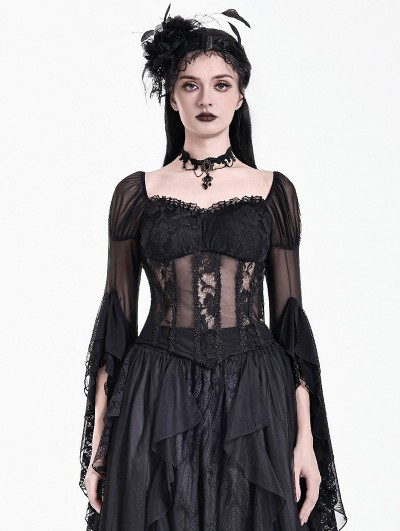 Dark in Love Black Gothic Victorian Flared Ruffle Sleeves Lace Top for Women
