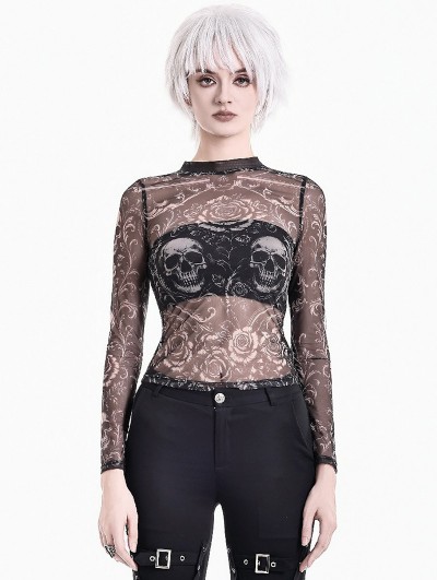 Dark in Love Black Gothic Skull Floral Printed Mesh Sheer Top for Women