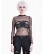 Dark in Love Black Gothic Skull Floral Printed Mesh Sheer Top for Women