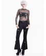 Dark in Love Black Gothic Skull Floral Printed Mesh Sheer Top for Women