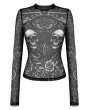 Dark in Love Black Gothic Skull Floral Printed Mesh Sheer Top for Women