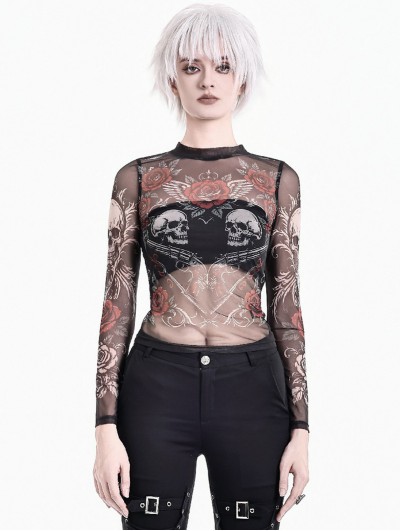 Dark in Love Black Gothic Tattoo Wings and Skull Mesh Sheer Top for Women