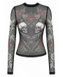 Dark in Love Black Gothic Tattoo Wings and Skull Mesh Sheer Top for Women