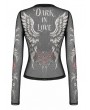 Dark in Love Black Gothic Tattoo Wings and Skull Mesh Sheer Top for Women