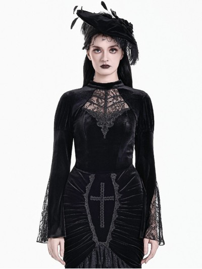 Dark in Love Black Gothic Lace Cutout Flare Sleeve Velvet Top for Women