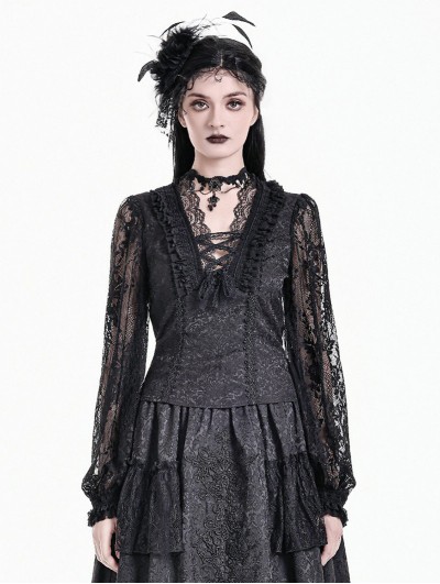 Dark in Love Black Gothic Floral Lace Ruffle Trim Crop Top for Women