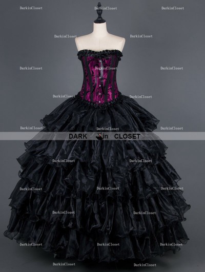 Black and Purple Gothic Corset Long Layers Prom Party Dress