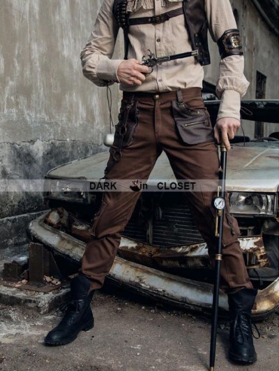 RQ-BL Coffee Industrial Steampunk Man Trousers with Pocket Bag