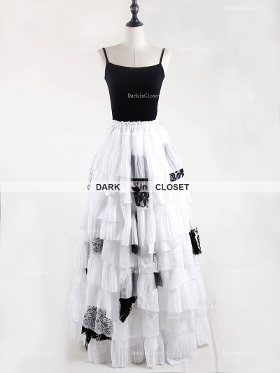 Rose Bloooming White Black Gothic Chiffon Long Skirt