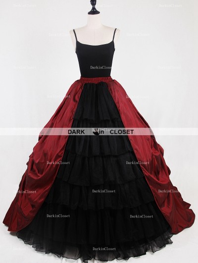 Rose Bloooming Red Black Gothic Satin Skirt