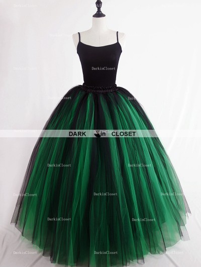 Rose Bloooming Green Black Gothic Tulle Long Skirt