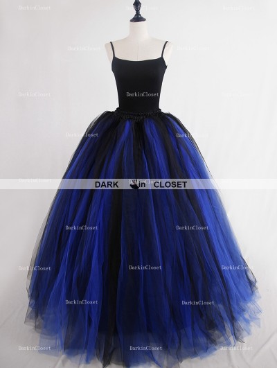 Rose Bloooming Blue Black Gothic Tulle Long Skirt