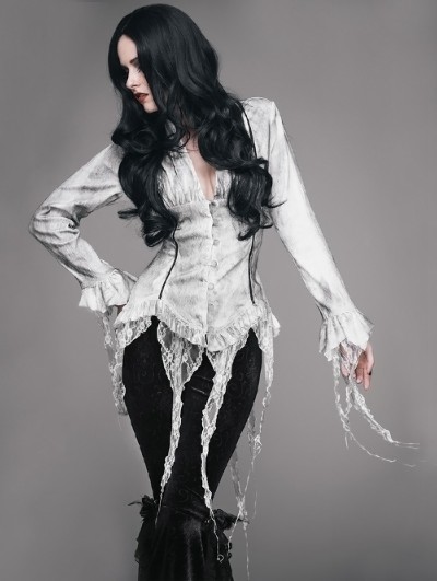 Eva Lady White Gothic Sexy Deep V-Neck Lace Blouse for Women