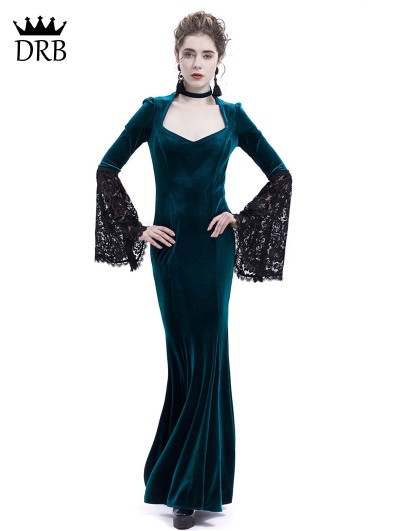 ROSE BLOOMING BLUE VELVET DARK QUEEN MORTICIA ADDAMS GOTHIC VICTORIAN DRESS