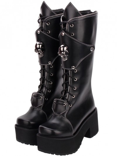 Black Gothic Punk Skull Zipper Platform Boots for Women
