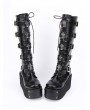 Black Gothic Punk Lace Up Cross Belt Platform Knee Boots