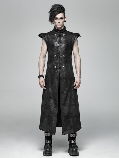 Punk Rave Black Gothic Punk Leather Armor Long Vest for Men