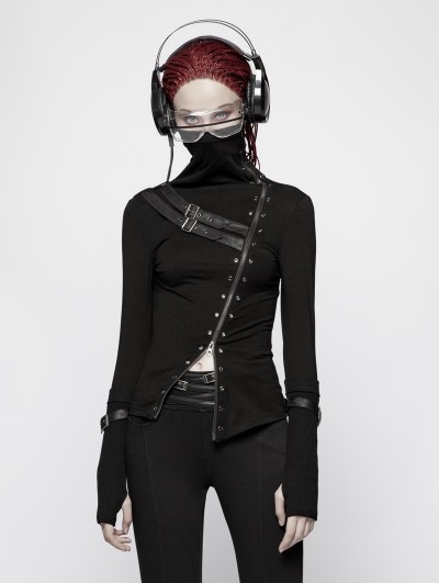 Punk Rave Black Gothic Punk Metal Long Sleeve T-Shirt for Women