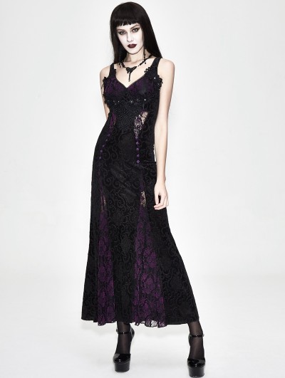 Eva Lady Black and Purple Sexy Gothic Lace Maxi Formal Dress