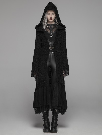Punk Rave Black Gothic Thick Woolen Long Hooded Cardigan for Women