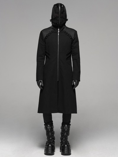 Punk Rave Black Gothic Punk Weird Mask Long Hooded Coat for Men