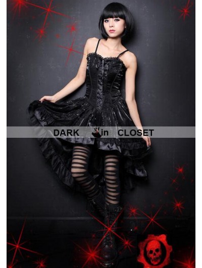 Pentagramme Black Rose Pattern Spaghetti Straps High-Low Gothic Dress