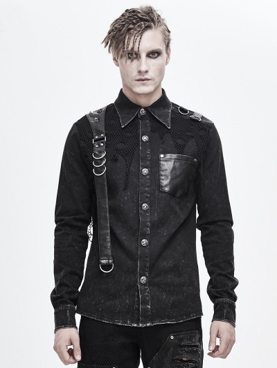 Devil Fashion Black Gothic Punk Do Old Denim Long Sleeve Shirt for Men