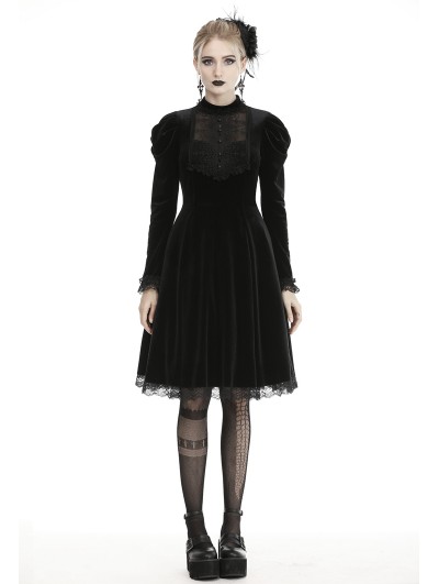 Dark in Love Black Gothic Doll Velvet Long Sleeves Midi Dress