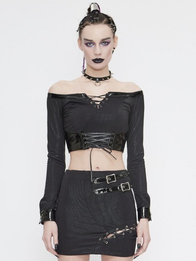 Devil Fashion Black Gothic Punk Off-the-Shoulder Long Sleeve Short T-Shirt for Women