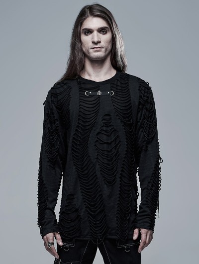 Punk Rave Black Gothic Punk Broken Long Sleeve Daily Wear T-Shirt for Men