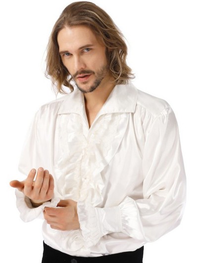 Pentagramme White Retro Gothic Long Sleeve Satin Shirt For Men