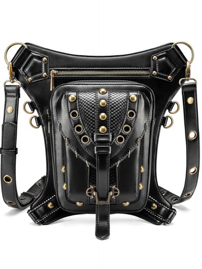 Black Gothic Punk Rivets Motorcycle Waist Shoulder Messenger Bag
