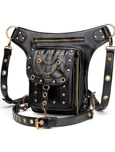 Black Gothic Punk Chain Travel Waist Shoulder Messenger Bag