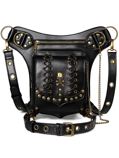 Black Gothic Punk Chain Motorcycle Travel Waist Shoulder Messenger Bag
