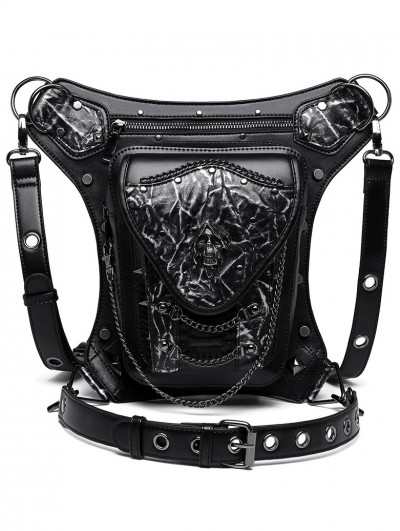 Black Gothic Steampunk Motorcycle Skull Chain Waist Shoulder Messenger Bag