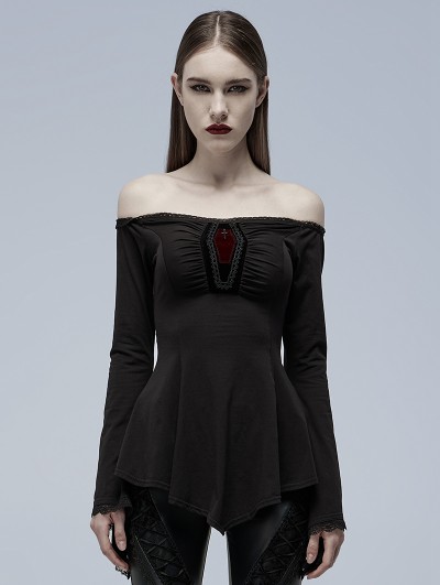 Punk Rave Black Gothic Off-the-Shoulder Long Sleeve Irregular T-Shirt for Women