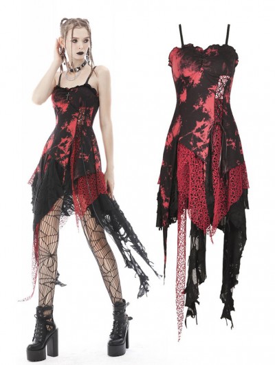 Dark in Love Red Gothic Punk Rock Irregular Net Dye Strap Irregular Dress